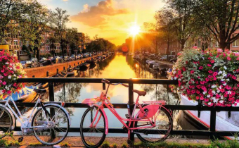 View of the canal in Amsterdam at sunset